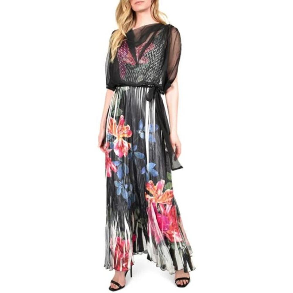 Komarov Sheer Overlay Pleated Maxi with Sheer Hem Insets Black Floral Sm $338